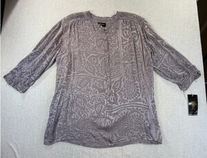 Biya Women Tan Large NWT Brett Silk Burnout Sheer 1/2 Button Blouse Top Boho